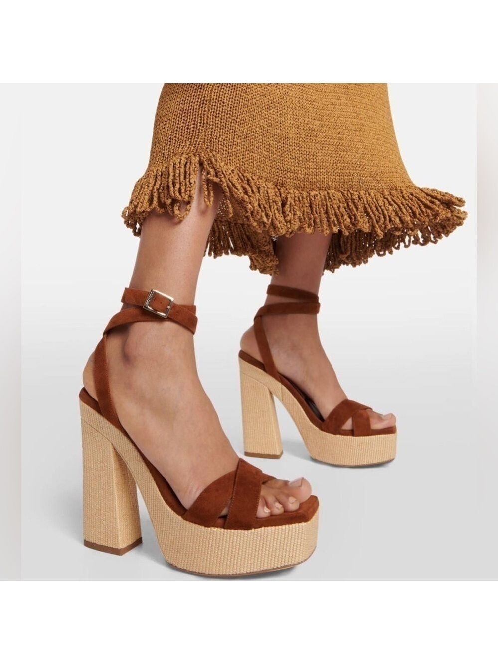 Jimmy Choo Gaia 140MM Raffia Suede Platform Sandals in Tan - NWT